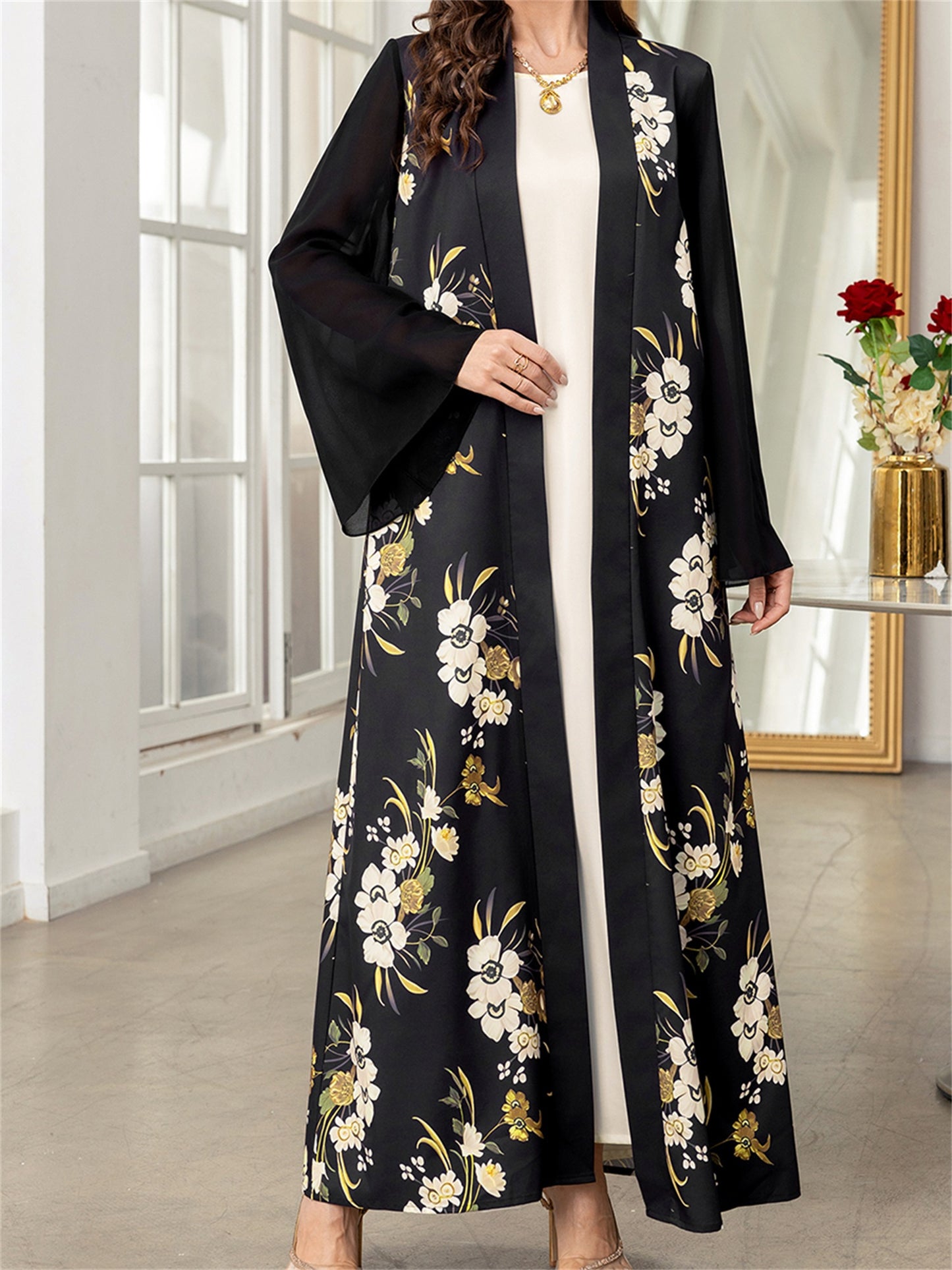 Elegant Black & White Floral Print Long Sleeve Kaftan Gown for Women - Loose Kimono Robe with Golden Accents, Perfect for Spring and Summer Casual Wear, Robes for Ladies
