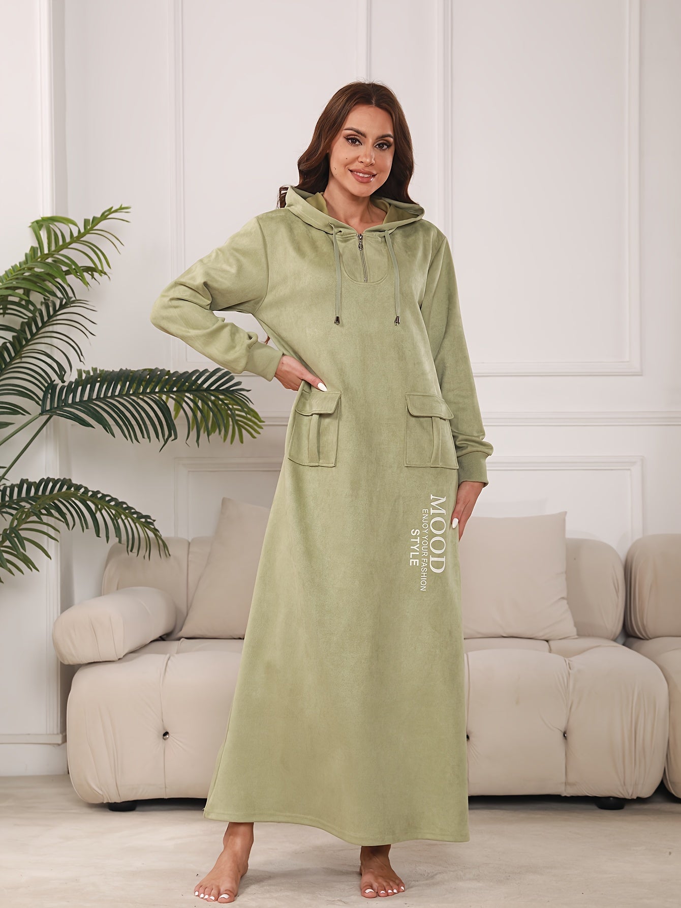 Women's Casual Long Sleeve Hooded Abaya with Zipper Collar and Pockets - Arabic Alphabet Print, Non-Stretch Fabric, Loose Fit for All Seasons, Casual Wear|Hooded Dress|Pocketed Dress