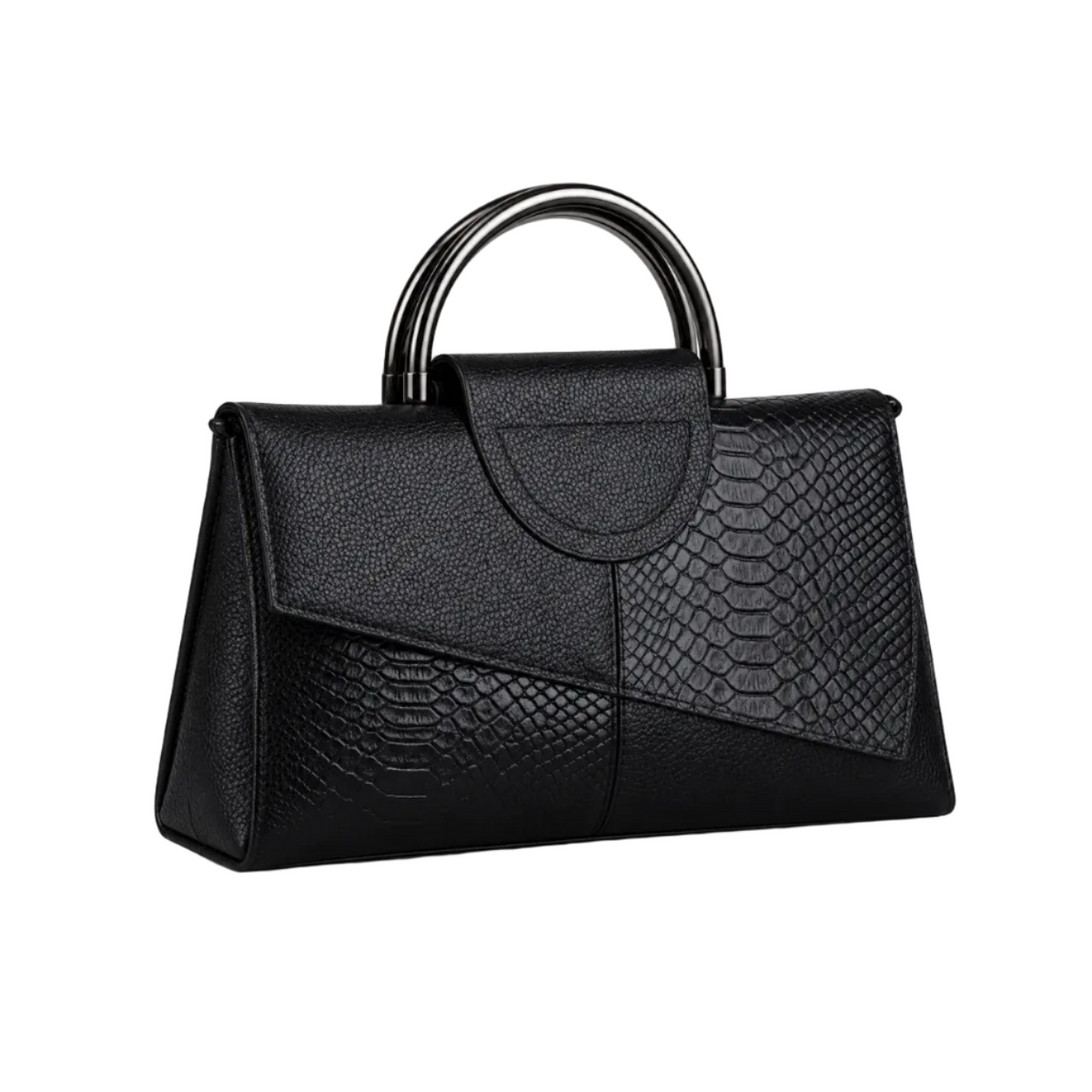 Black Leather Evening Clutch Metal Handles