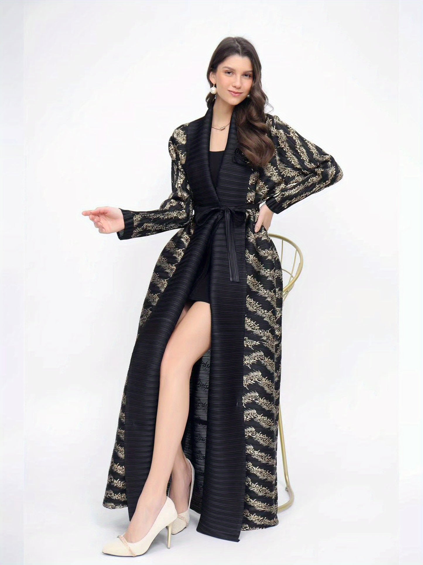 Women's Elegant Black Abaya with Golden Geometric Pattern - Stylish Long-Sleeve Kaftan for Office, Formal Events, and Ramadan - Versatile Middle Eastern Attire, Formal Attire | Elegant Abaya