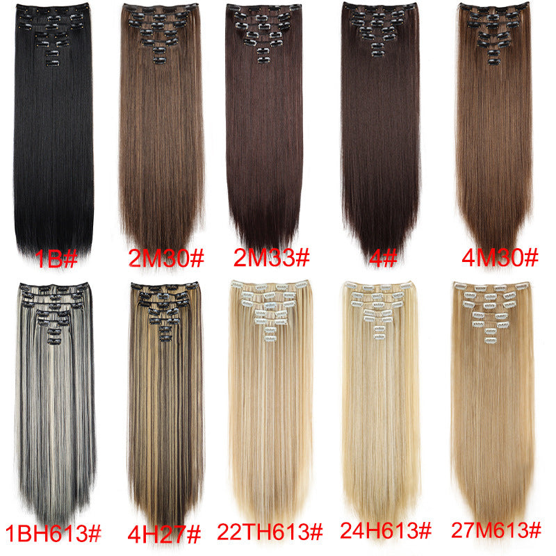 Long Straight Hair Extensions in a Seven-Piece Set, Suitable for Women, Featuring European And American Styles with 16 Clips for a Curtain Effect