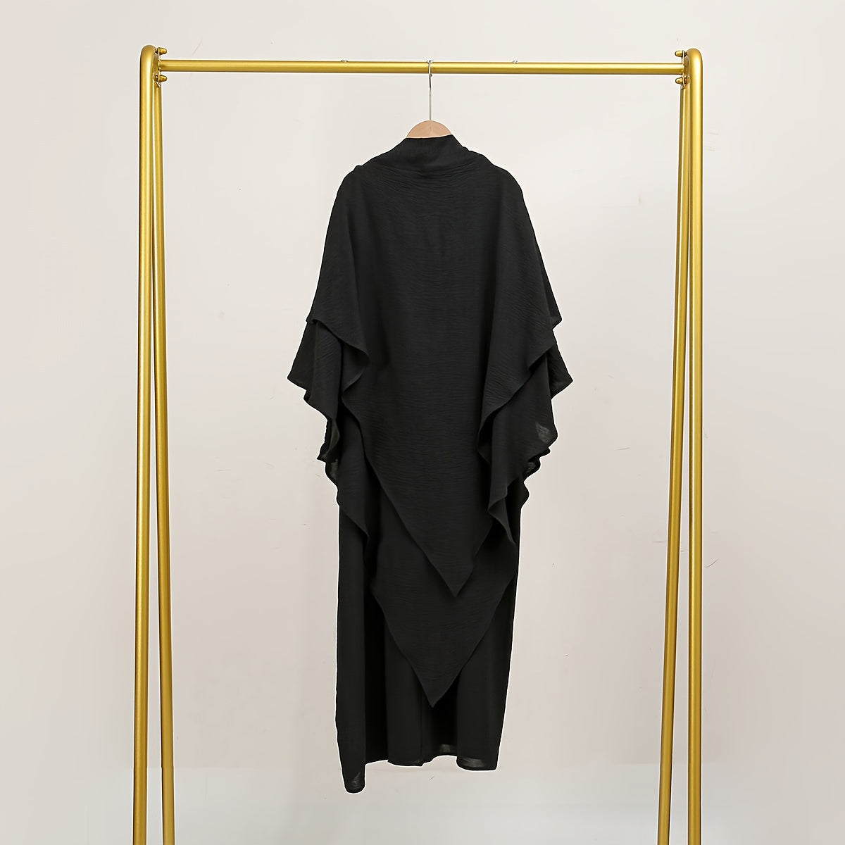 2pcs Elegant Black Polyester Hijab Robes with Pleated Sleeves - Breathable, Sun-Protective, and Stylish Khimar Abaya for Women, Perfect for Outdoor Wear, Hijab Scarf