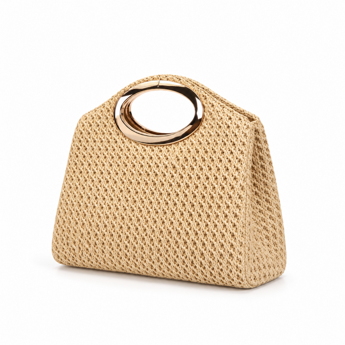 Natural Woven Raffia Gold Handle Handbag