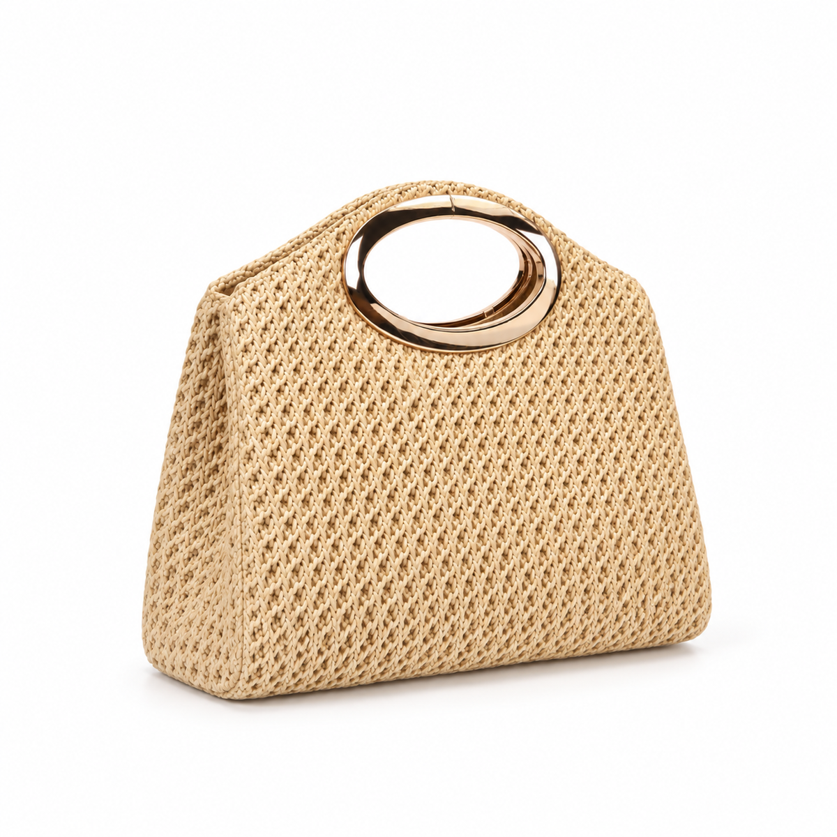 Natural Woven Raffia Gold Handle Handbag