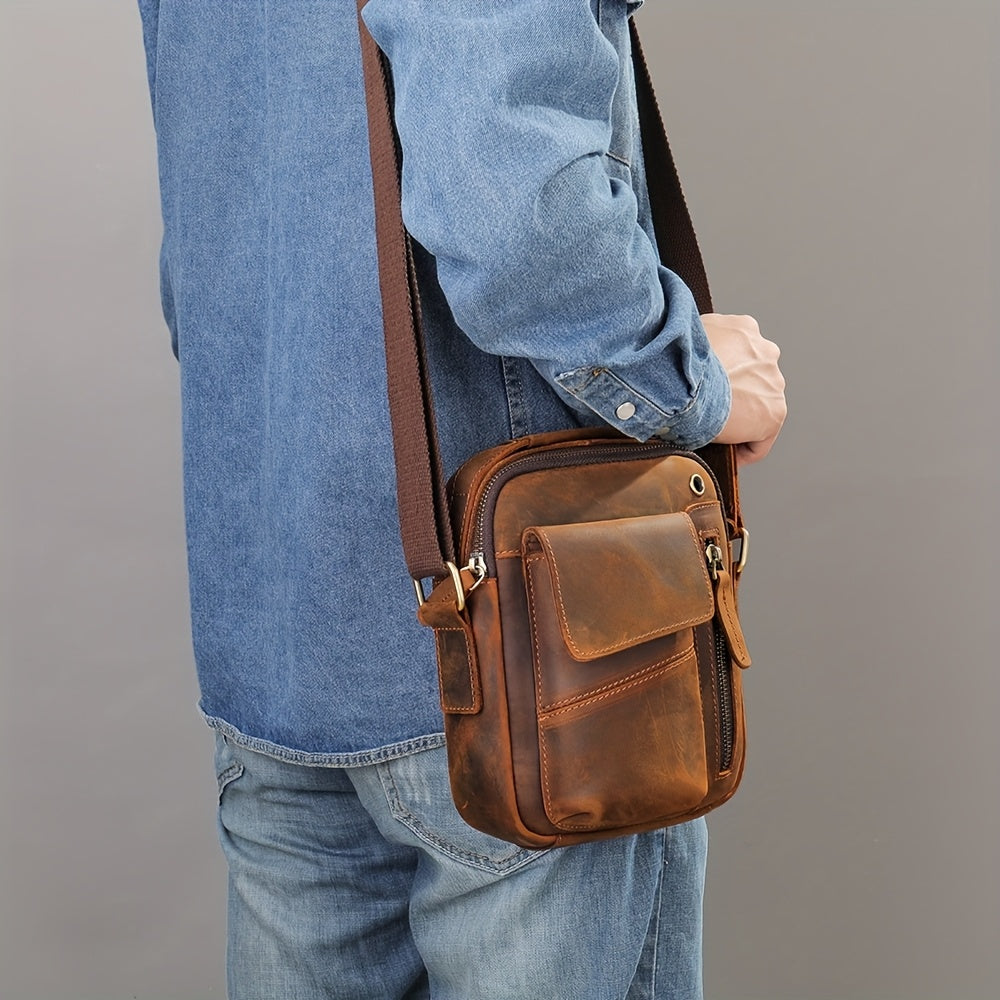 Leather Shoulder Sling Bag, Men's Retro Classic Business Style, Single Shoulder Crossbody Strap Design, Shoulder Bag For Casual Travel And Commuting