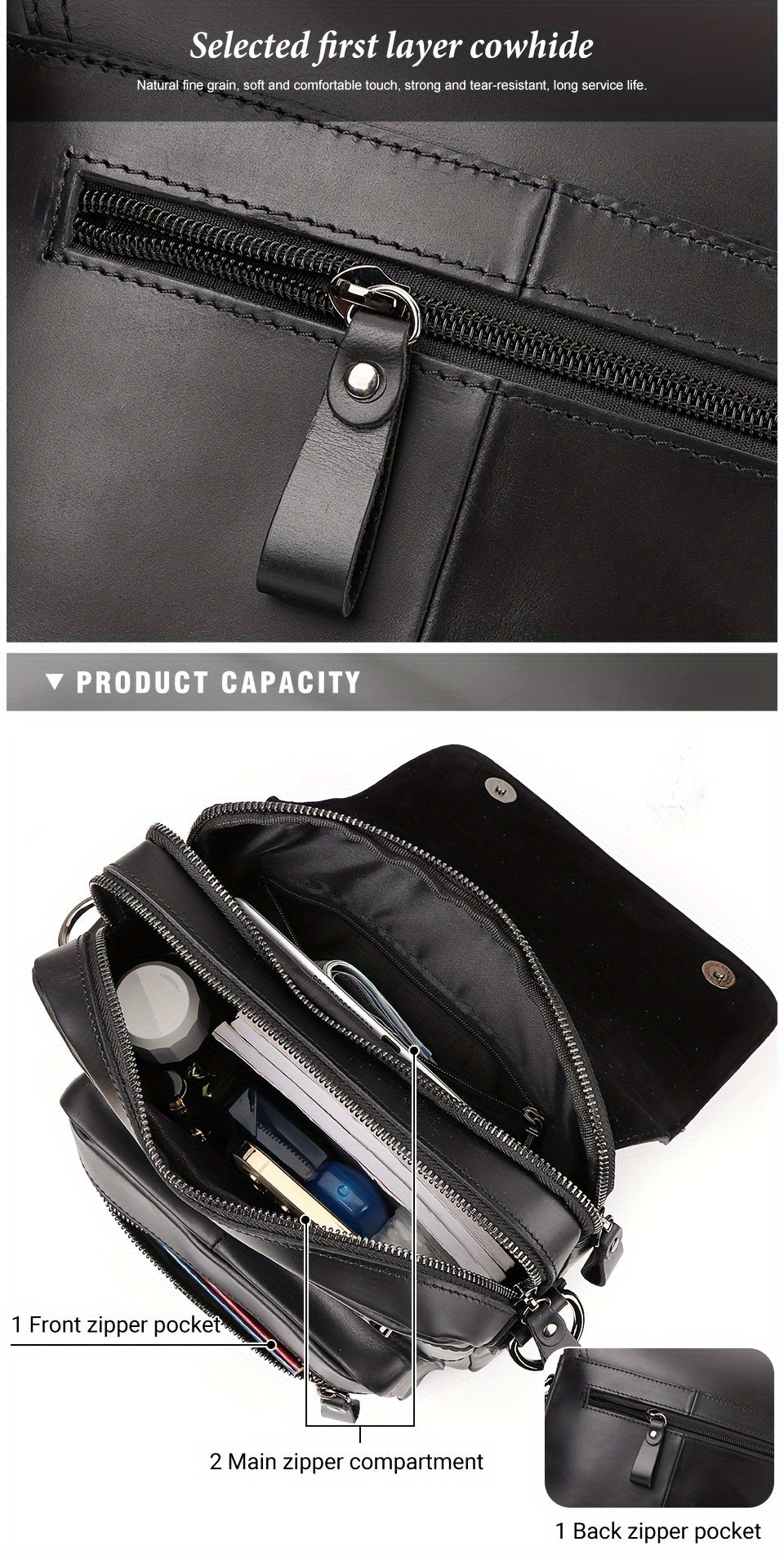 Men's Genuine Crazy Horse Leather Crossbody Bag - Adjustable Shoulder Strap, Multiple Compartments, Black Messenger Bag for Outdoor Travel & Business