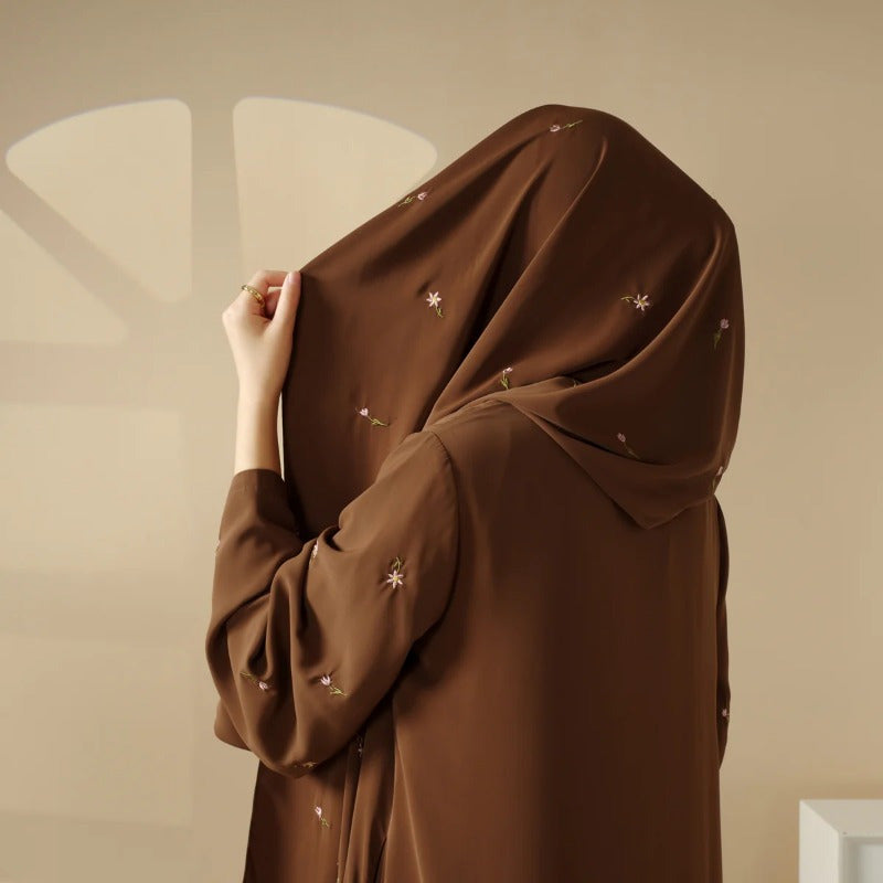 Tulip Embroidery Open Abaya 4pcs set: Includes open abaya, inner dress, matching belt, and hijab