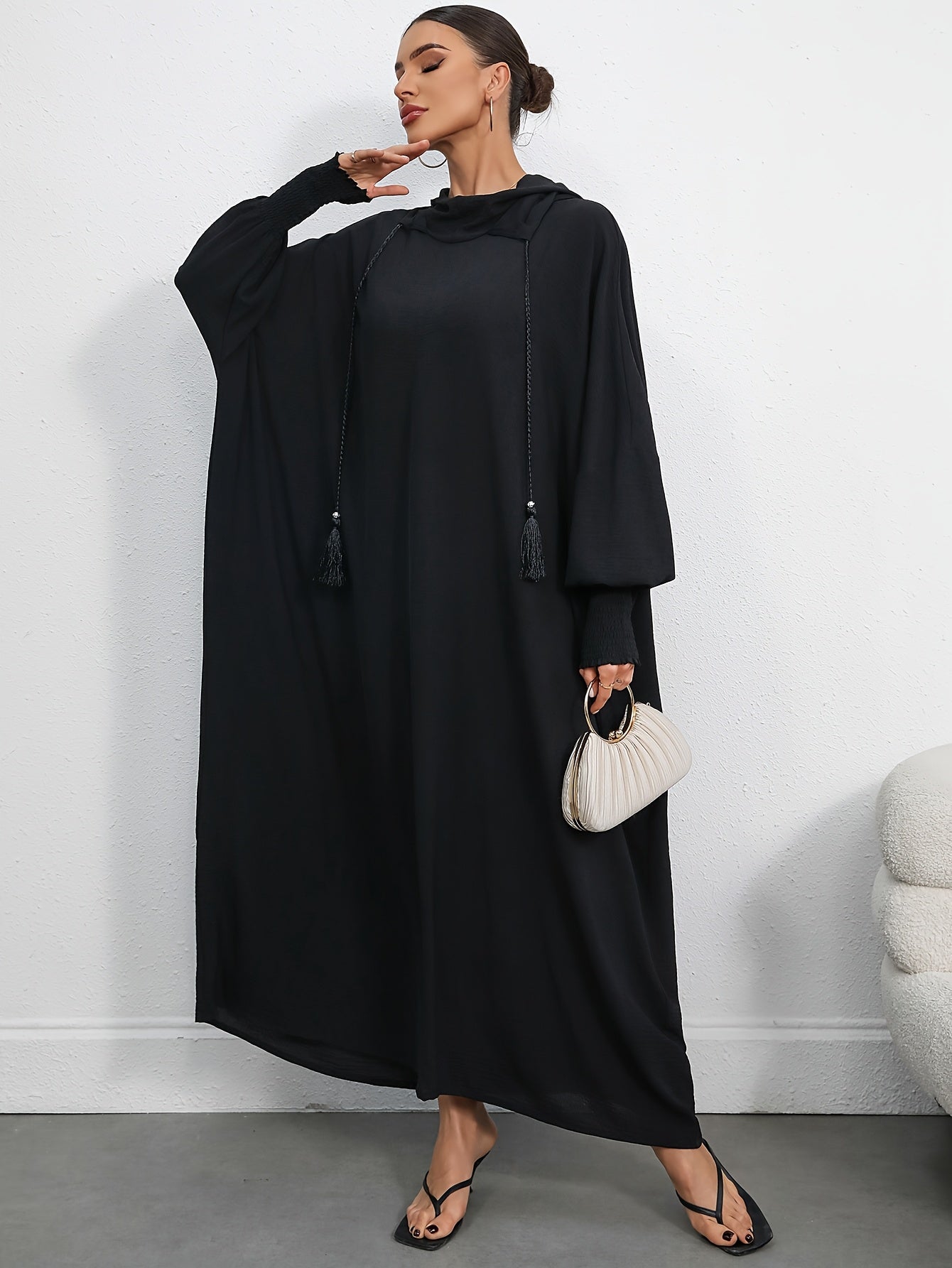 Women's Elegant Black Hooded Batwing Sleeve Dress - Loose Fit Long Flowy Turkish Kaftan, Machine Washable Polyester, Plus Size Friendly, Adjustable Drawstring Waist for Ramadan & Casual Wear Abaya