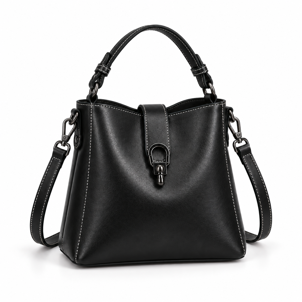 Black Structured Leather Crossbody Handbag