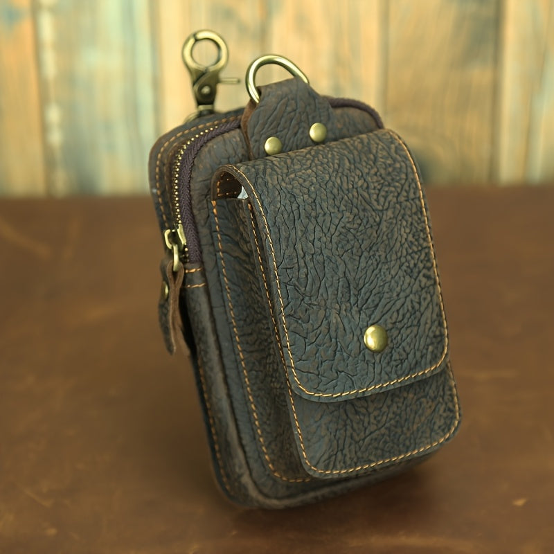 Men's Vintage Crazy Horse Top-Grain Vintage Leather Waist Bag, Casual Style, Multi-Functional Fanny Pack for Daily Commute, No Print, Durable Belt Hanging Pouch for Mobile Phone