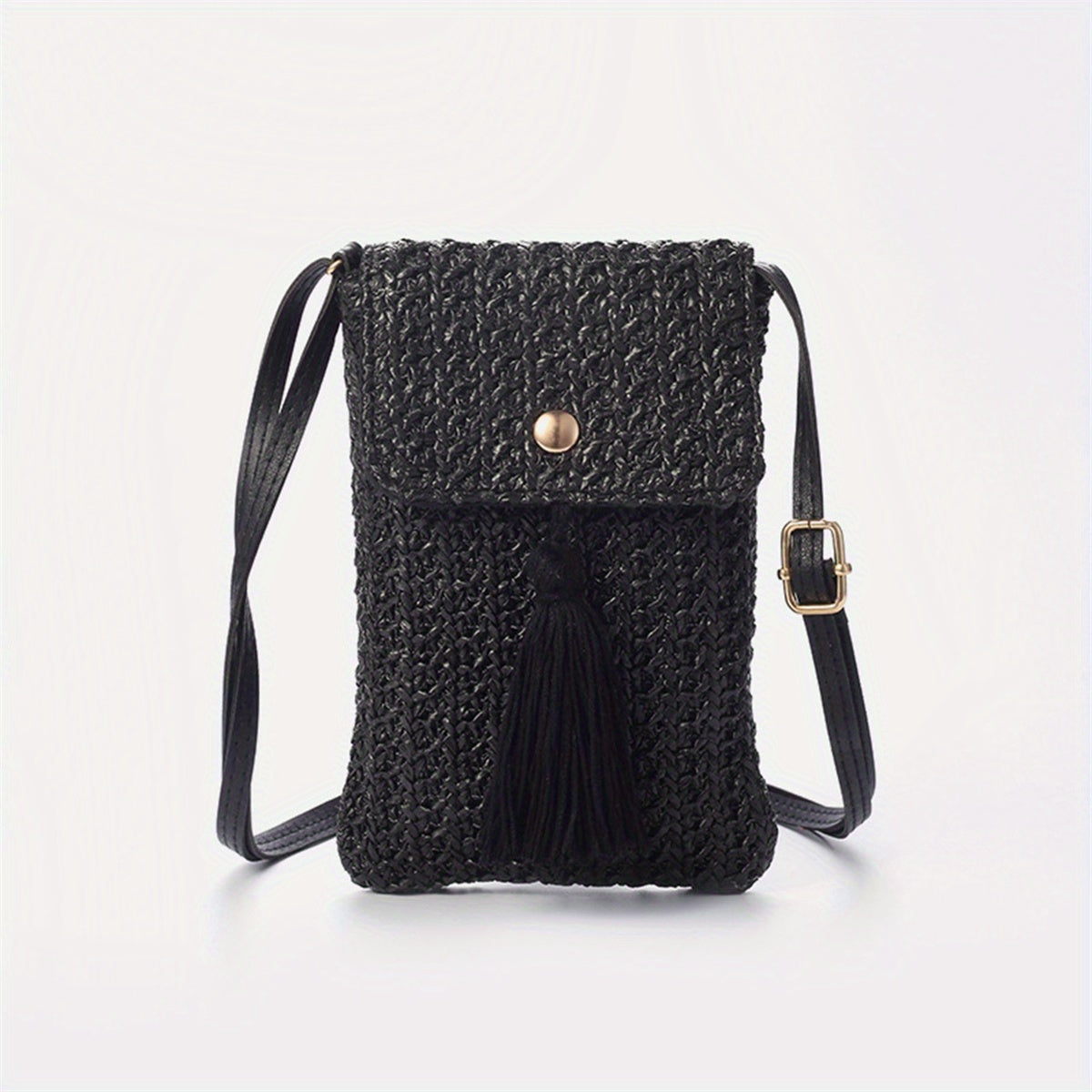Women's Chic Beige Woven Crochet Crossbody Bag with Adjustable Strap, Tassel Detail & Magnetic Closure - Lightweight Fabric Phone Purse