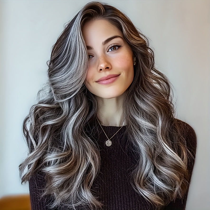 24-Inch Wavy Balayage Wig Featuring an Ash Brown to Grey Ombre, Made from Heat-Friendly Fibers, with an Adjustable Rose Net Cap, Offering a Appearance Suitable for All Ethnic Backgrounds, Perfect for Parties And Festivals