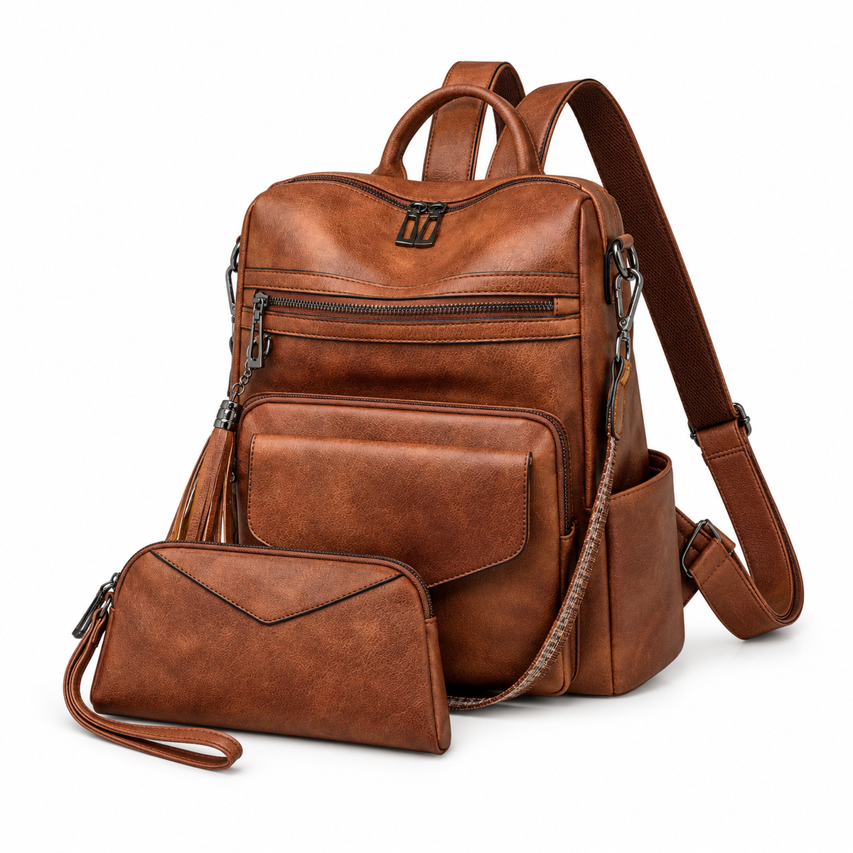 Vintage Brown Backpack With Matching Wristlet