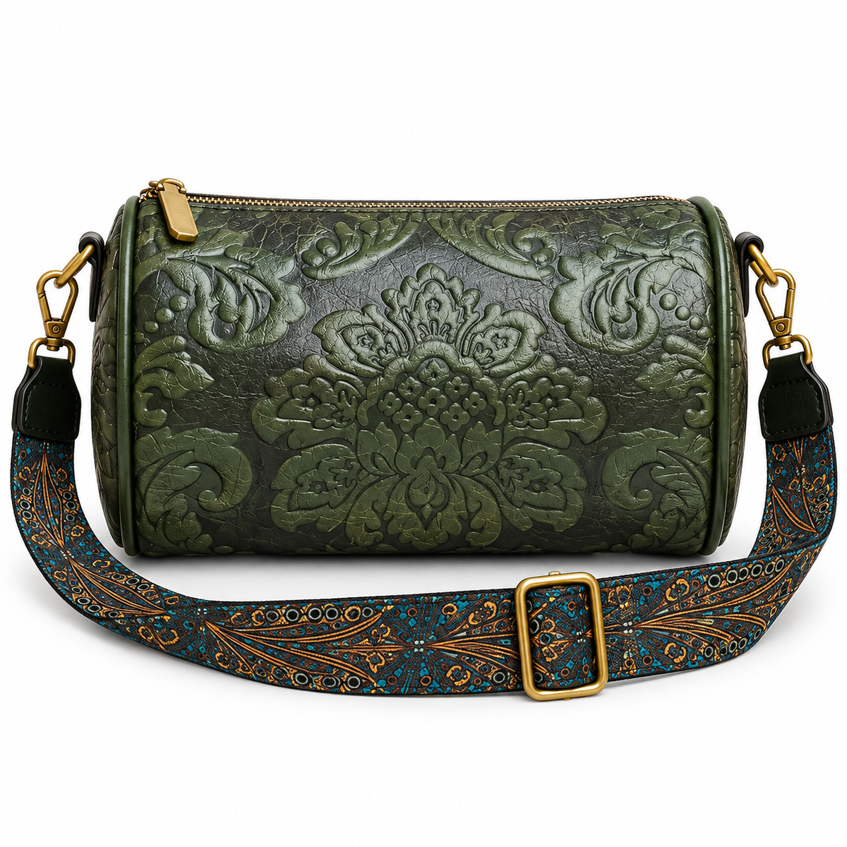 Olive Green Embossed Barrel Vintage Crossbody Bag