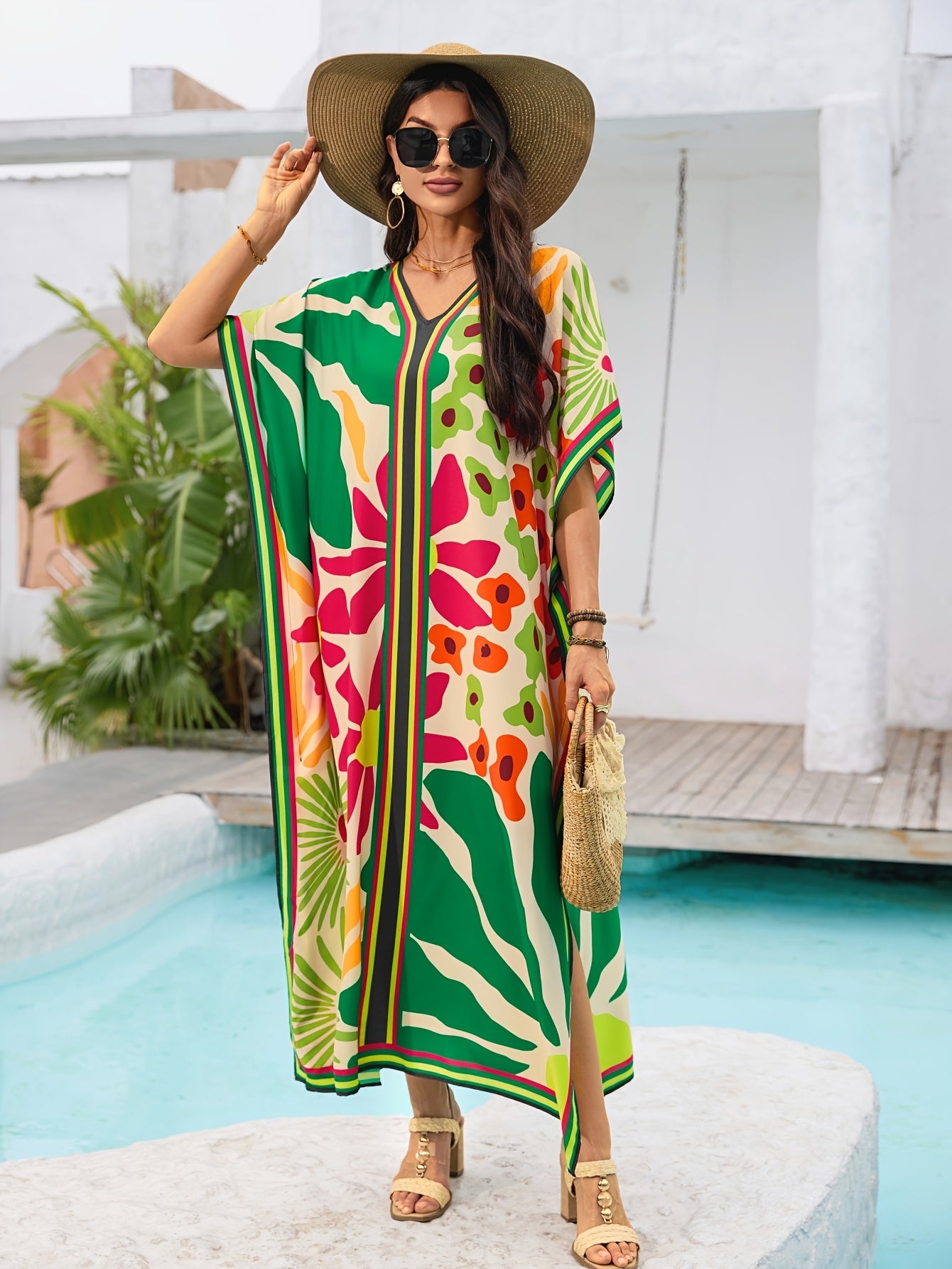 [Viscose Kaftan Dress, Boho Style] 1pc Viscose Kaftan Dress - Floral Print Casual Midi Loose Fit Beach Boho Style with Short Sleeves for Summer Resort Wear