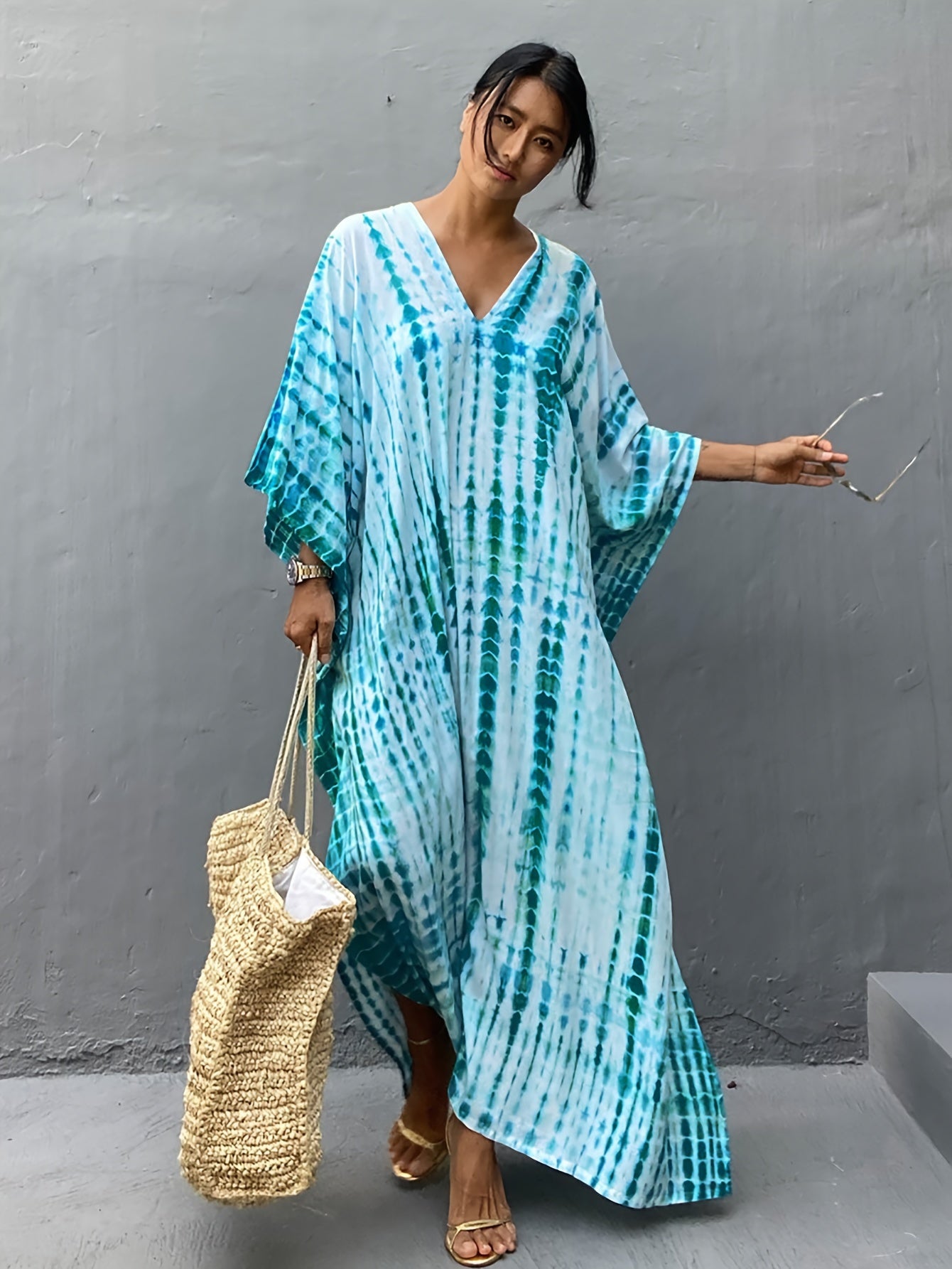 Women's V-Neck Long Robe Dress - Breathable Kaftan with Black & White Ethnic Print