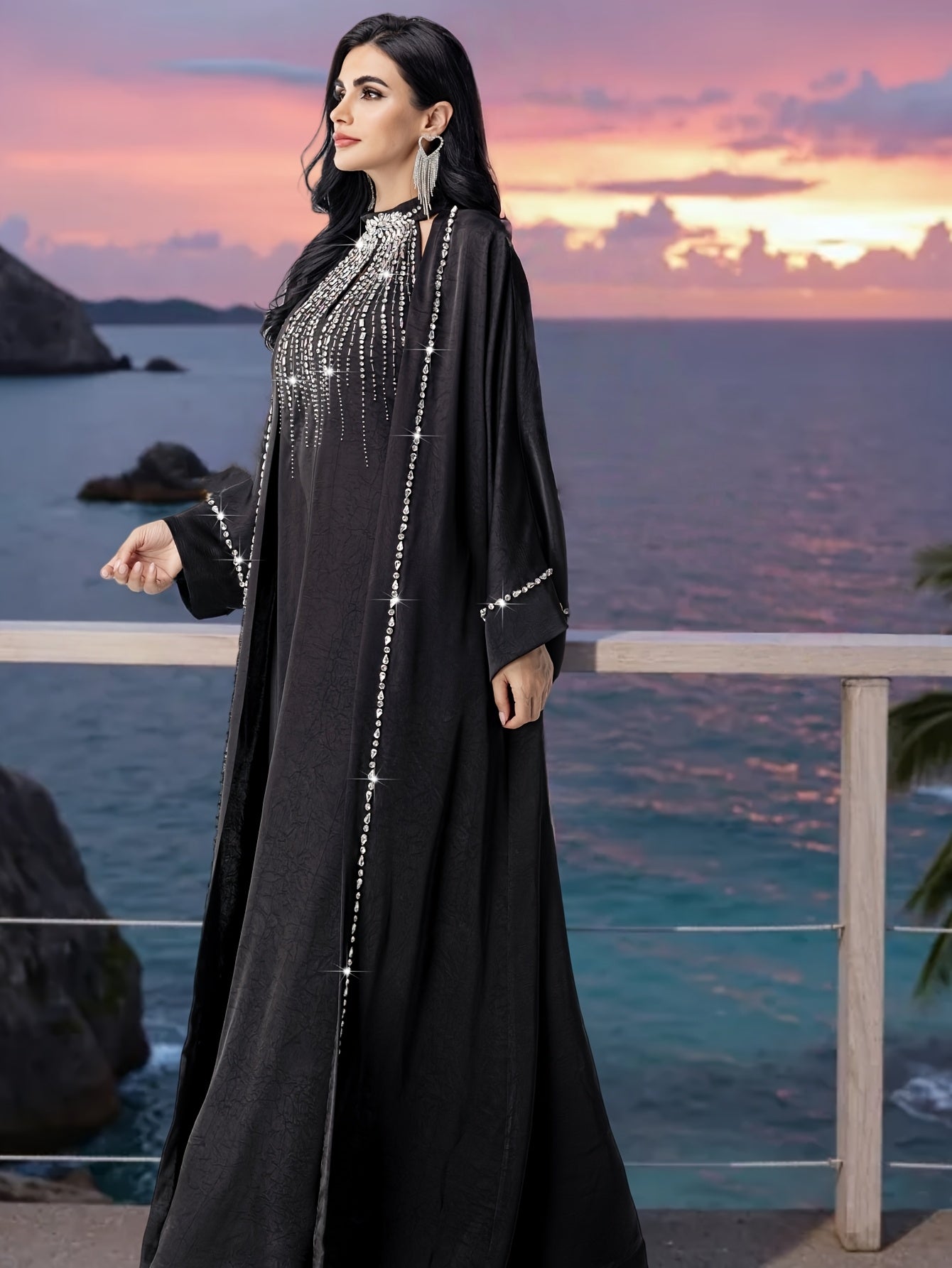 Arabian Style Black Abaya Two-Piece Set! with Rhinestone Embellishments, Luxurious and Elegant