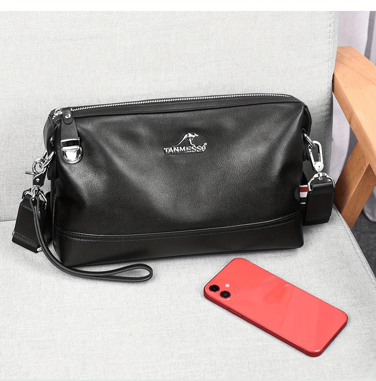 Genuine Leather Men's Crossbody Bag - Adjustable Shoulder Strap, Snap Closure, Soft Cowhide Vintage Style Black Casual Business Backpack for Everyday Use