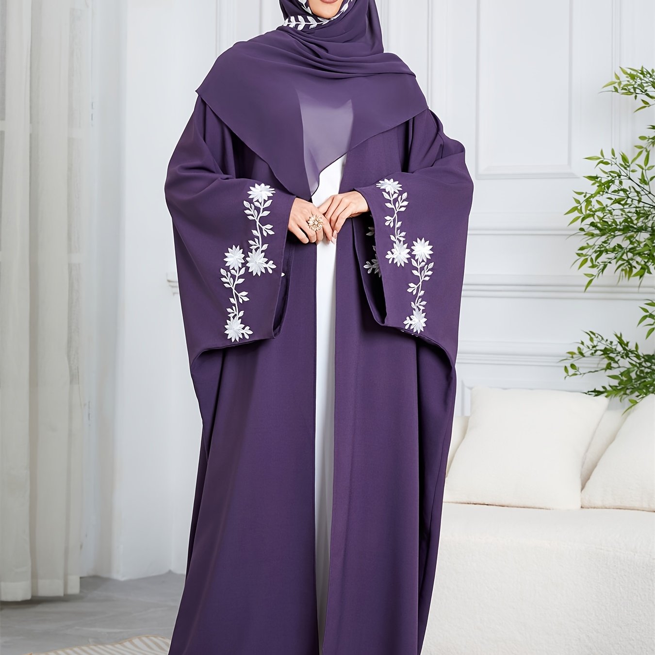 Purple & White Elegant Dubai Floral Open Abaya Hijab Set - Kaftan Dress with Batwing Sleeves, Loose Fit for Women | All Seasons, Floral Design, Texture