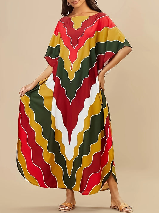 [Long Printed Kaftan] Long V-Neck Printed Kaftan Dresses For Women | Slid Split Swimsuit Cover Up Kaftan Lounge Dresses