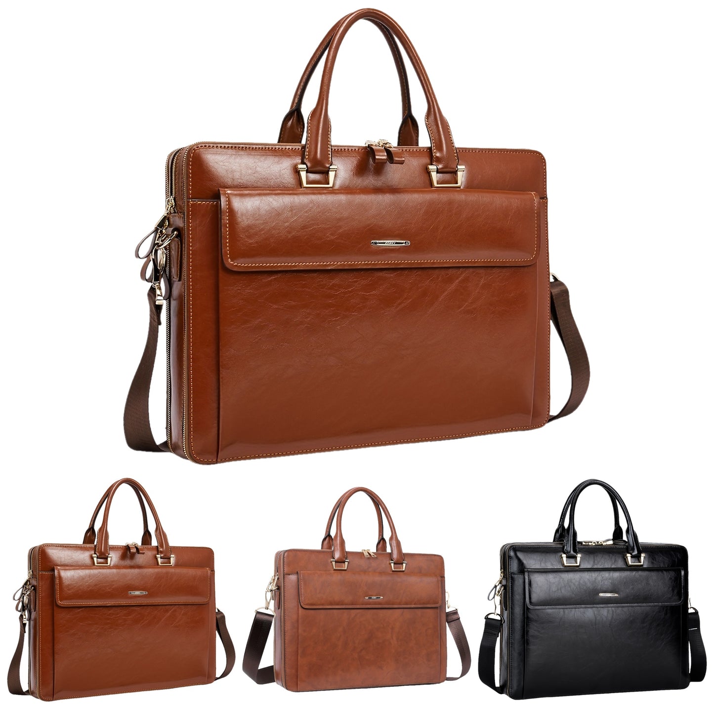 Premium Genuine Leather 15.6" Business Laptop Bag for Women - Light Brown, Adjustable Shoulder Strap