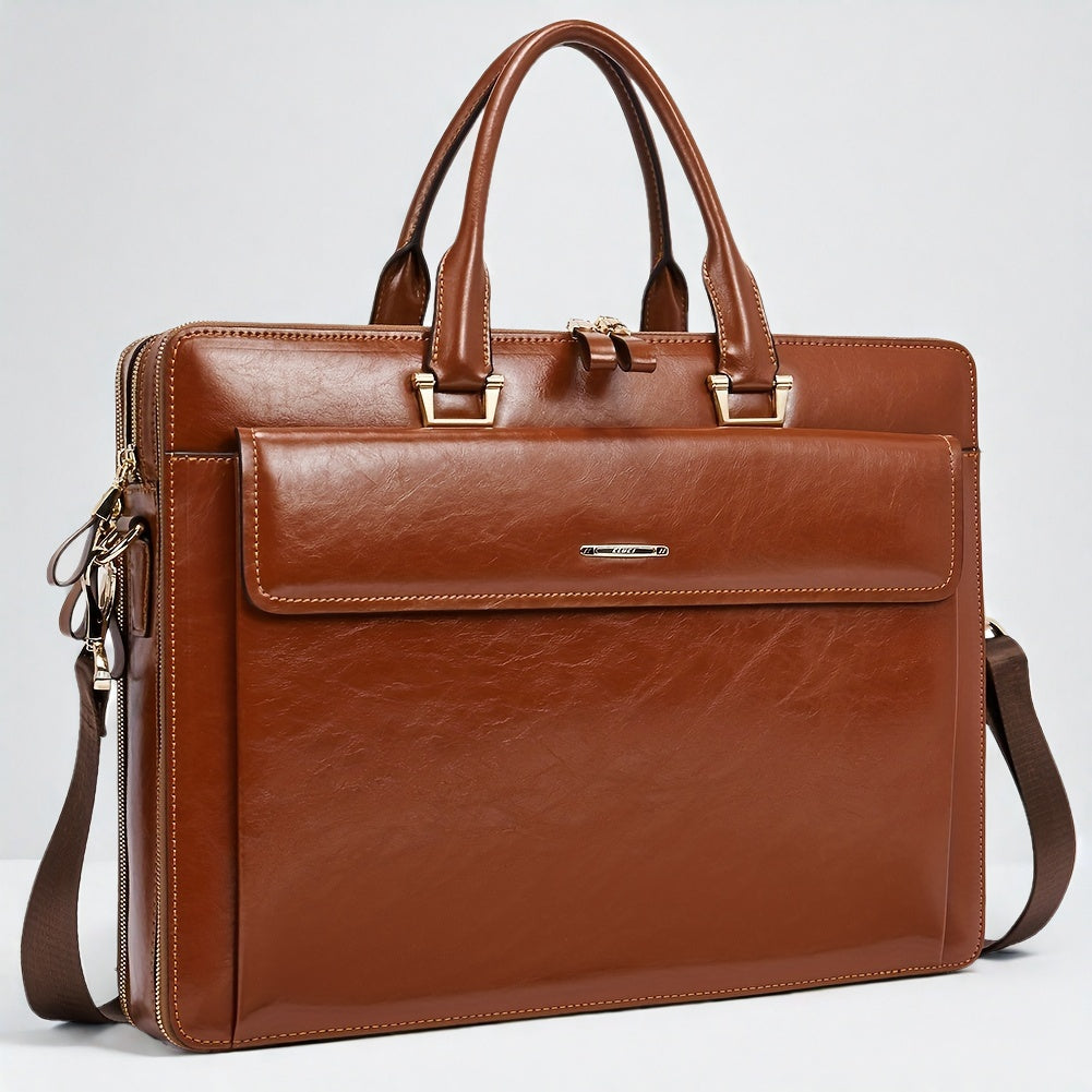 Premium Genuine Leather 15.6" Business Laptop Bag for Women - Light Brown, Adjustable Shoulder Strap