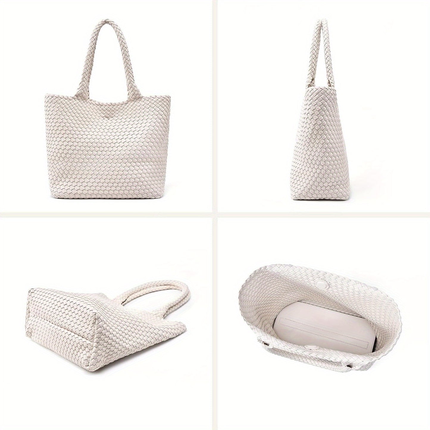 Women's Vegan Tote Bag - Large Woven Handbag with Zipper Closure & Wrist Strap, White & Brown Striped Design, Durable Oil-Edged Finish for Casual or Formal Use