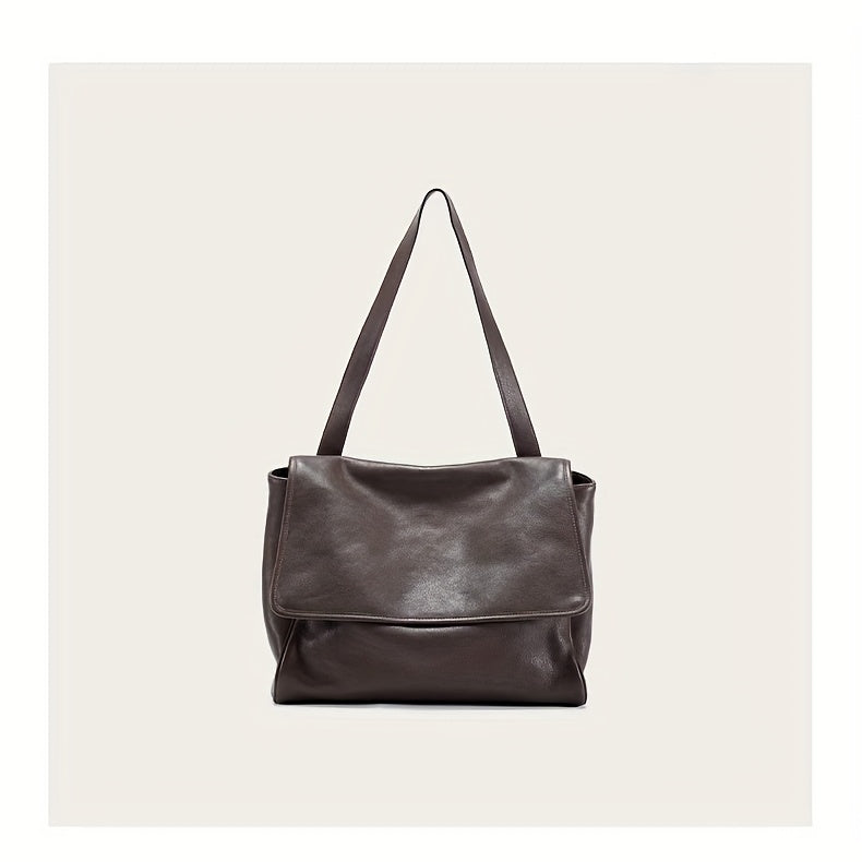 Top-Grain Vintage Genuine Leather Tote Messenger Bag - Flap Closure, Fixed Shoulder Strap, Large Capacity