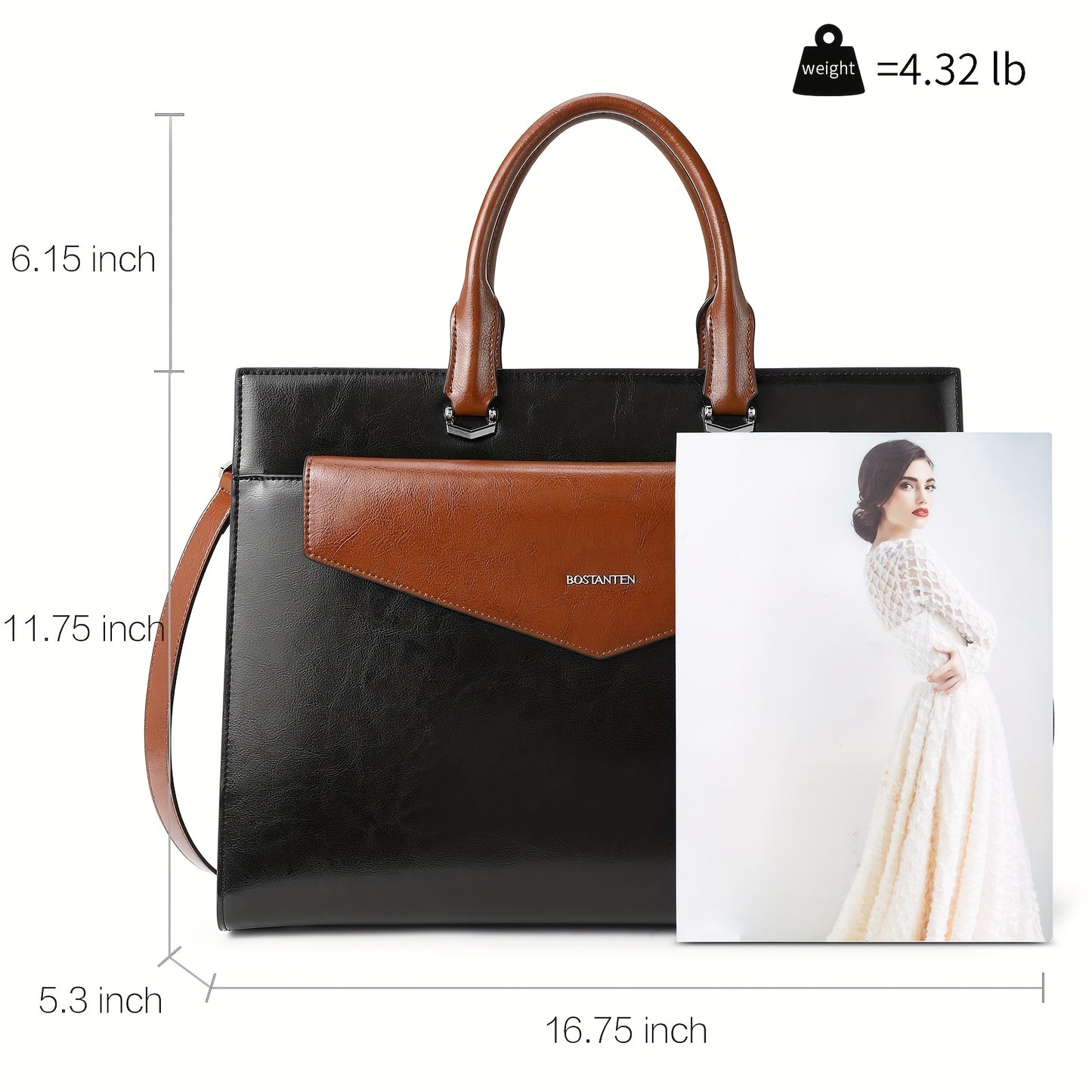 Women's Professional Leather Briefcase Tote Bag for 15.6 Inch Laptop - Work Handbag with Adjustable Shoulder Strap, Button Closure & Contrast Stitching
