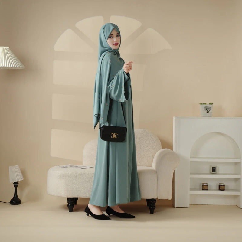 Tulip Embroidery Open Abaya 4pcs set: Includes open abaya, inner dress, matching belt, and hijab