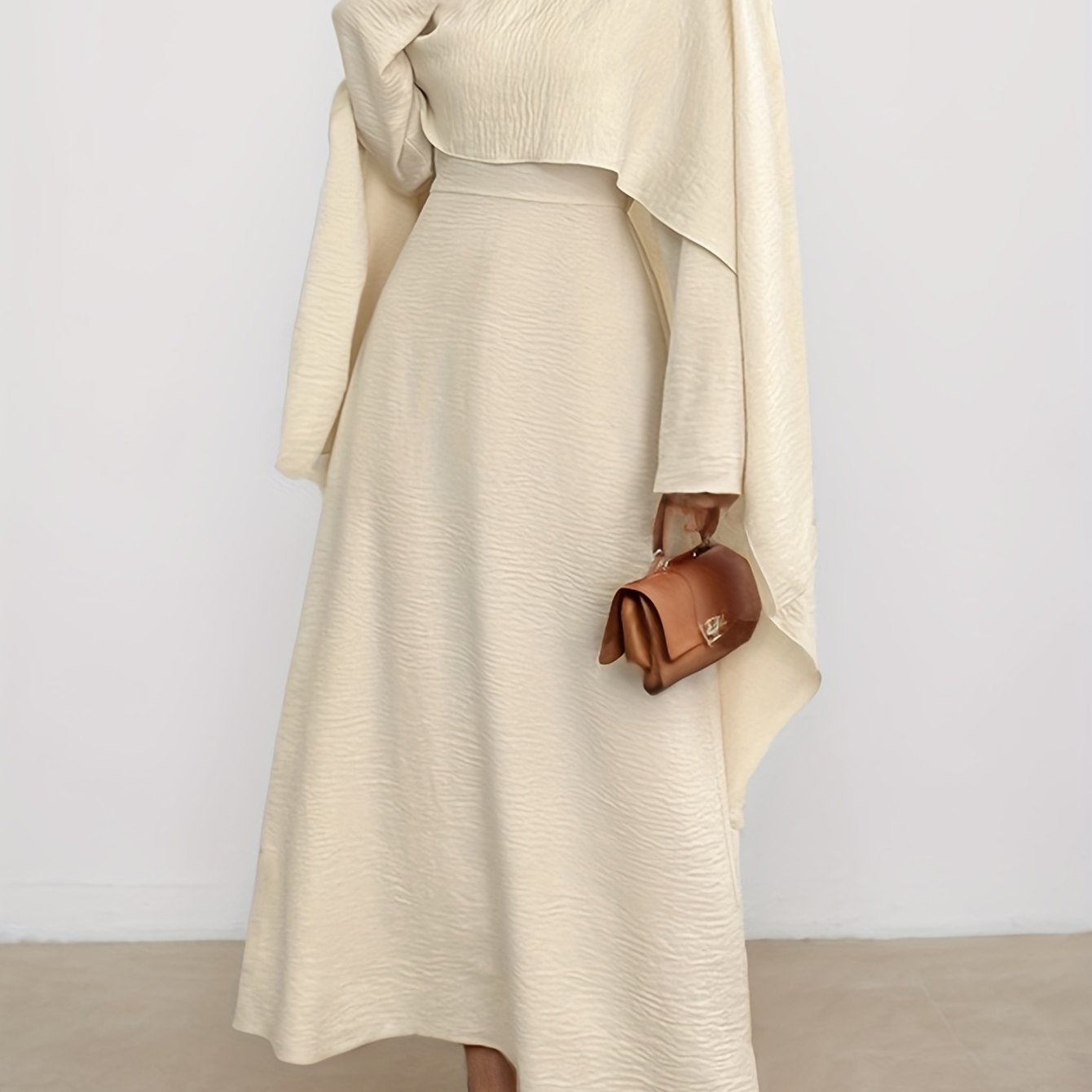 Ladies Spring And Summer New Style Solid Color Fashionable Elegant Temperament Long Sleeve Pleated Fake Two-Piece Design, Round Neck Irregular Long Women's Abaya Dress