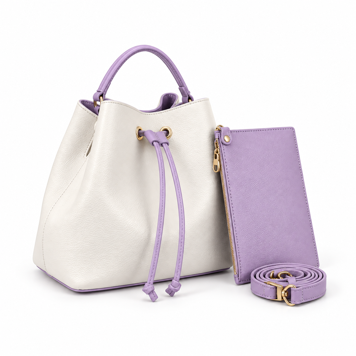 White Purple Drawstring Bucket Handbag Set