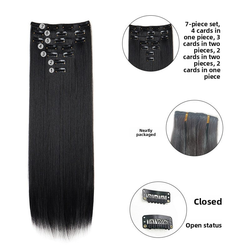 Long Straight Hair Extensions in a Seven-Piece Set, Suitable for Women, Featuring European And American Styles with 16 Clips for a Curtain Effect