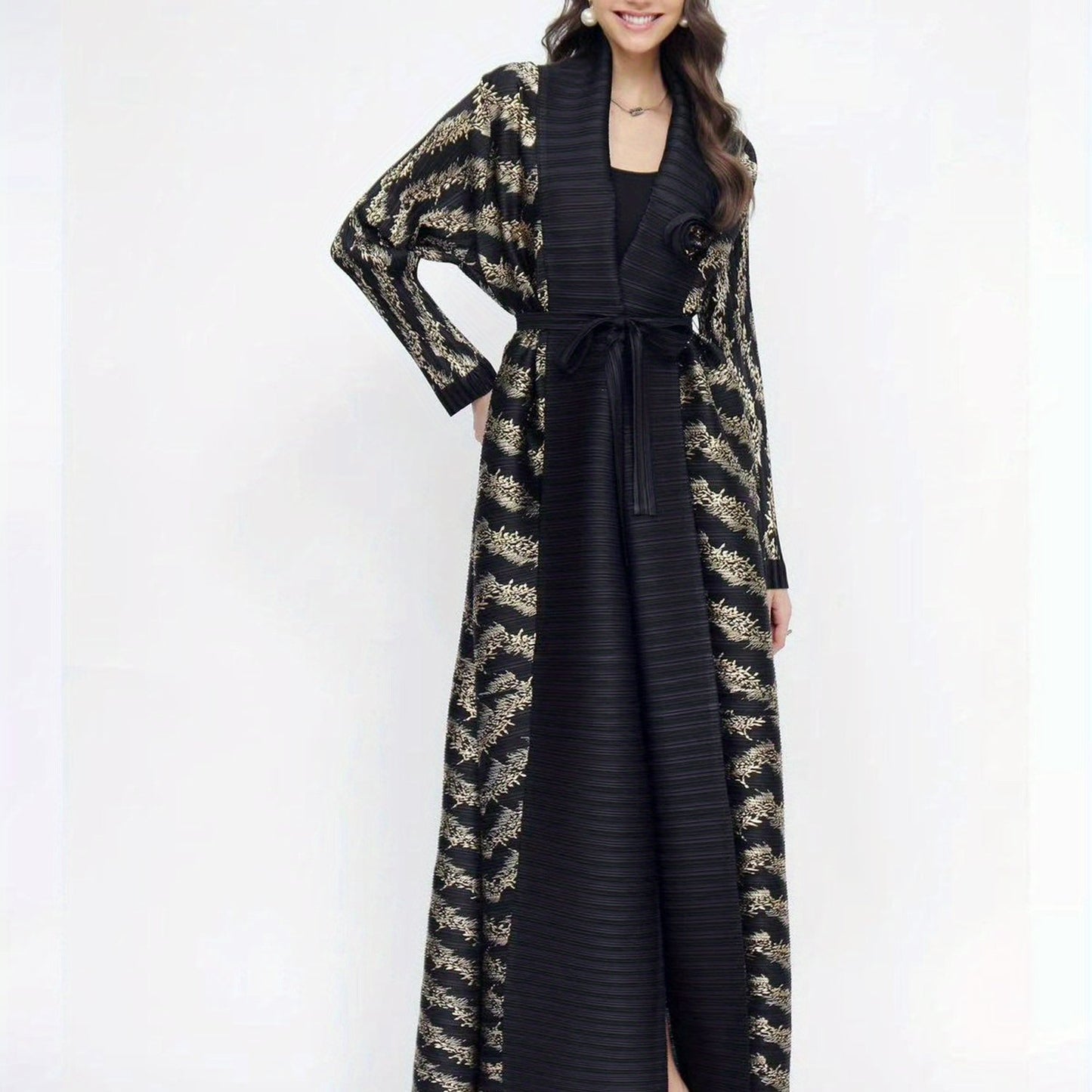 Women's Elegant Black Abaya with Golden Geometric Pattern - Stylish Long-Sleeve Kaftan for Office, Formal Events, and Ramadan - Versatile Middle Eastern Attire, Formal Attire | Elegant Abaya