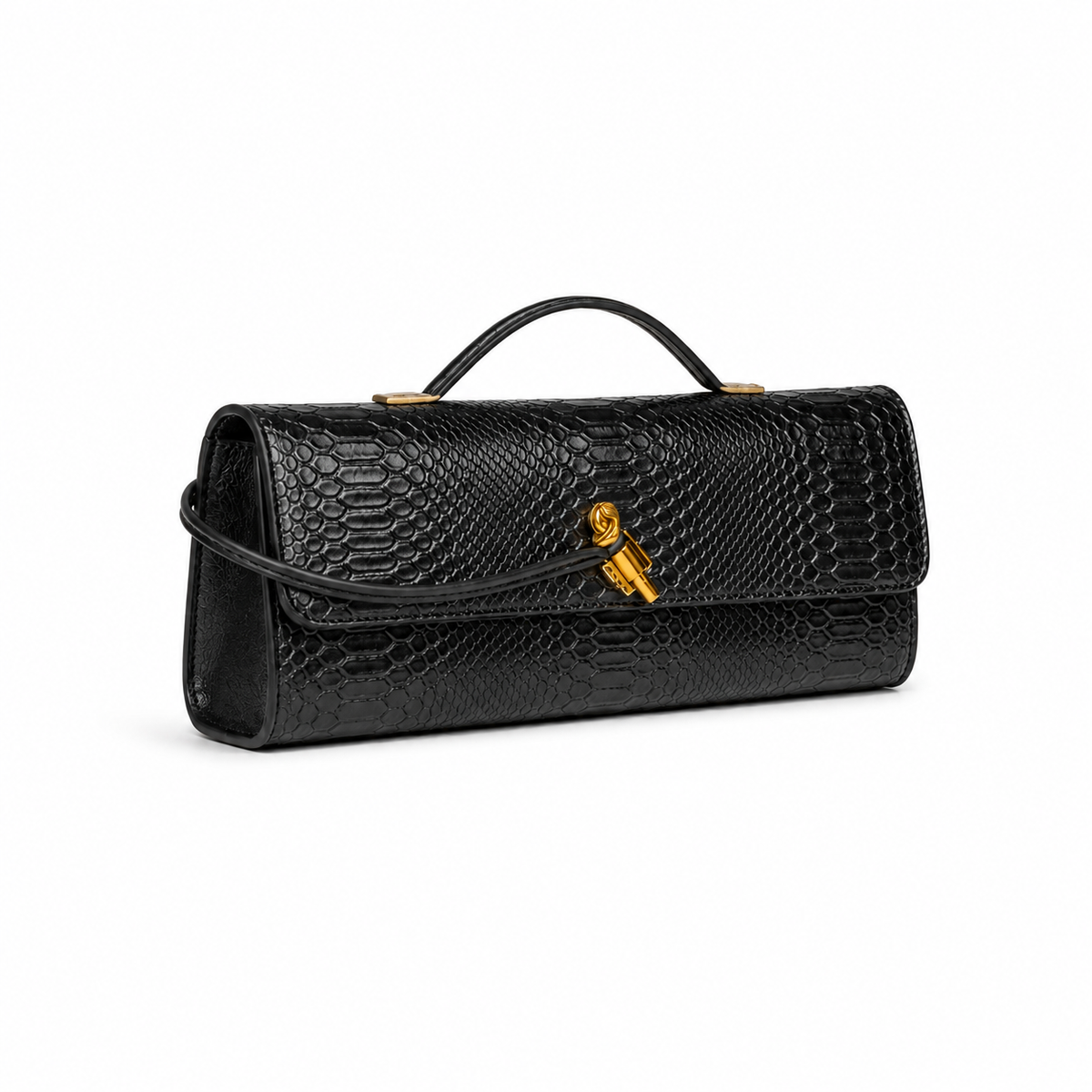 Black Croc-Embossed Structured Handbag