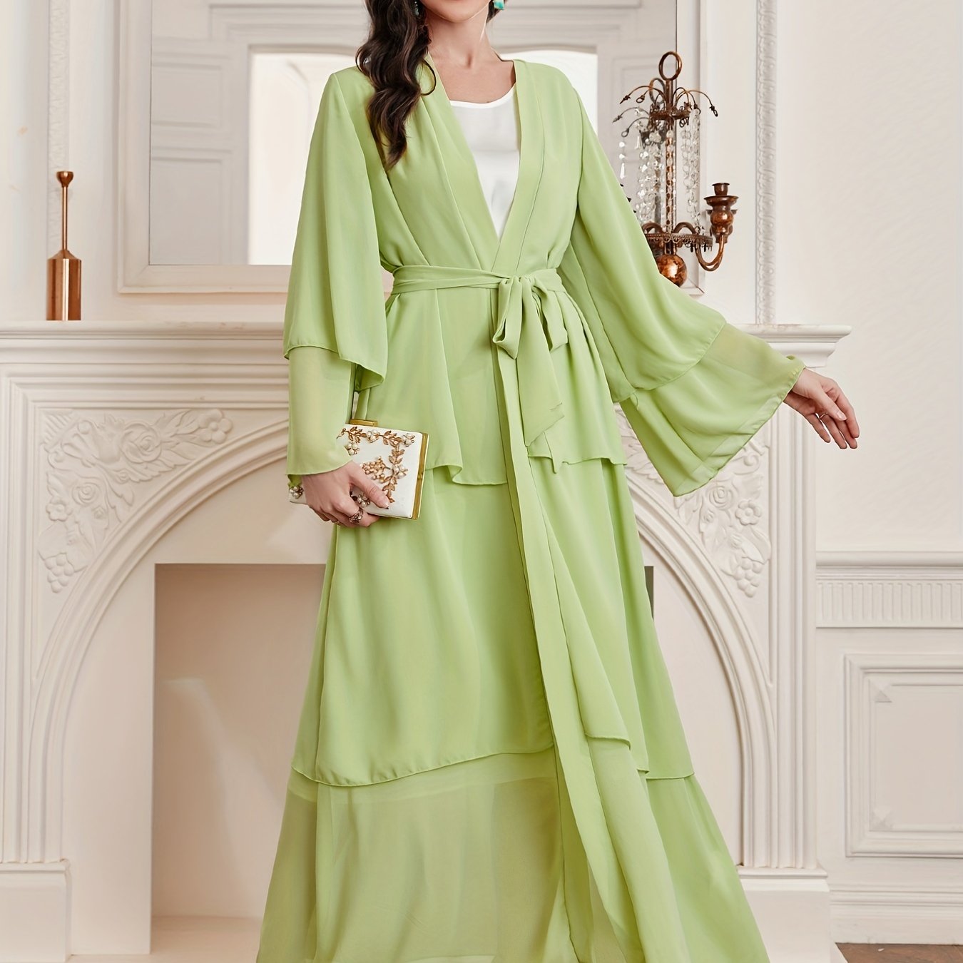 Ramadan Layered Open Front Modest Pakistani Abaya, Long Sleeve Muslim Dress With Belted, Without Hijab, Women's Clothing