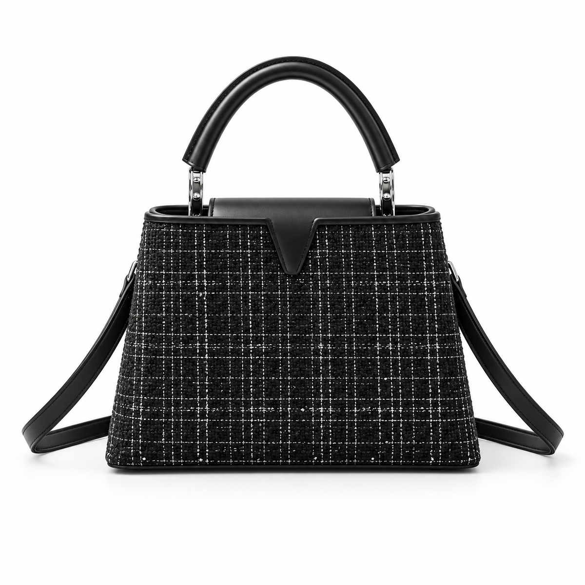 Black Checkered Vegan Leather Top handle Bag