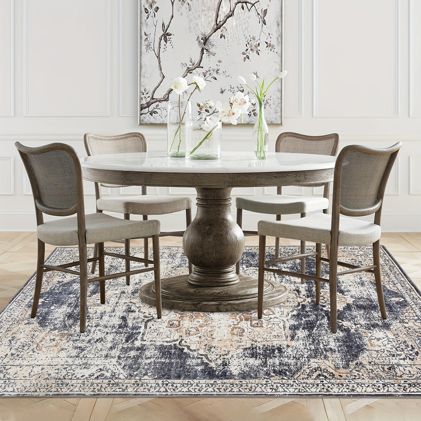 Oriental Medallion Printed Medium Area Rug, Low Profile Pile Rubber Backing Indoor Vintage Rugs, Ideal for Living Room Dining Room Bedroom Office, Beige