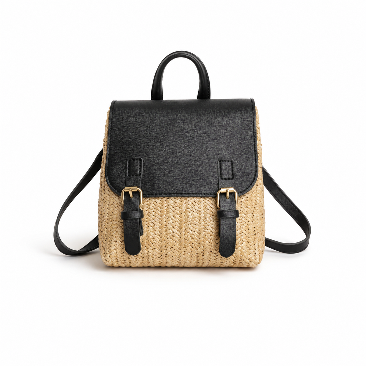 Woven Straw & Black Leather Mini Backpack Handbag