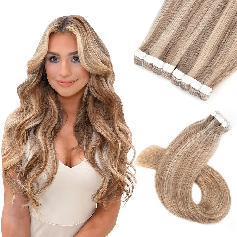 16 Packs Mini Tape In Hair Extensions Human Hair - Looking Seamless Clip-In for short hair, 12-24 Inch Lengths, Straight for Caucasian Women, Volume & Length Addition (Mini Tape System)