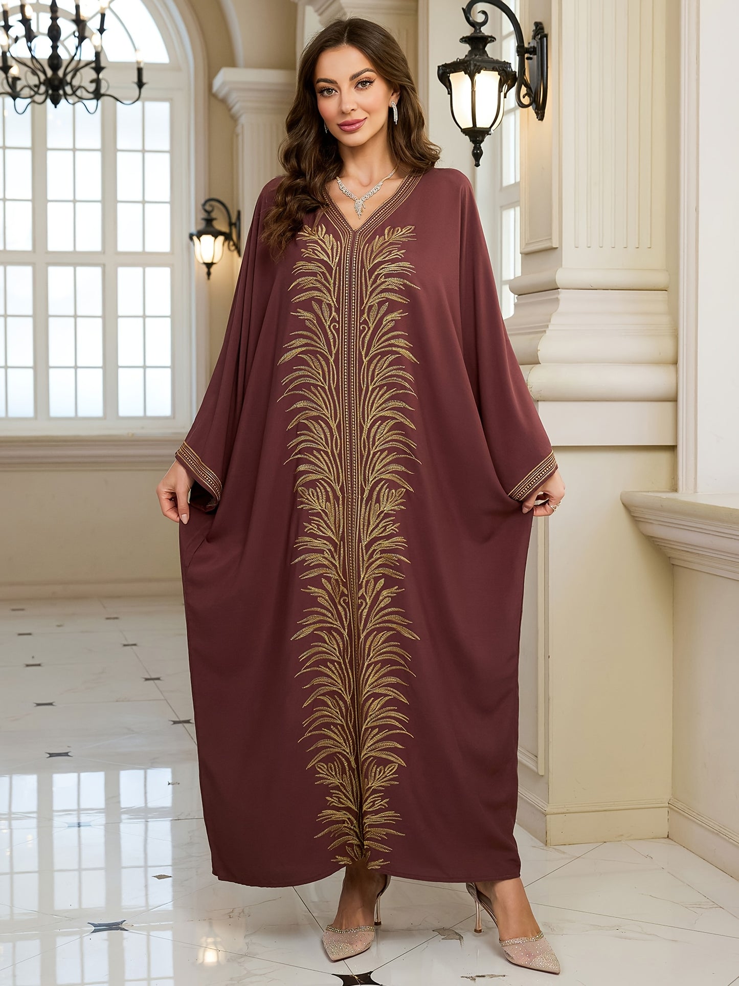 Women's Golden Floral Embroidered V-Neck Batwing Sleeve Kaftan Robe - Loose Fit Plus Size Long Dress for Ramadan Eid Beach Vacation, Middle Eastern Cover Up, Muslim Abaya Dress