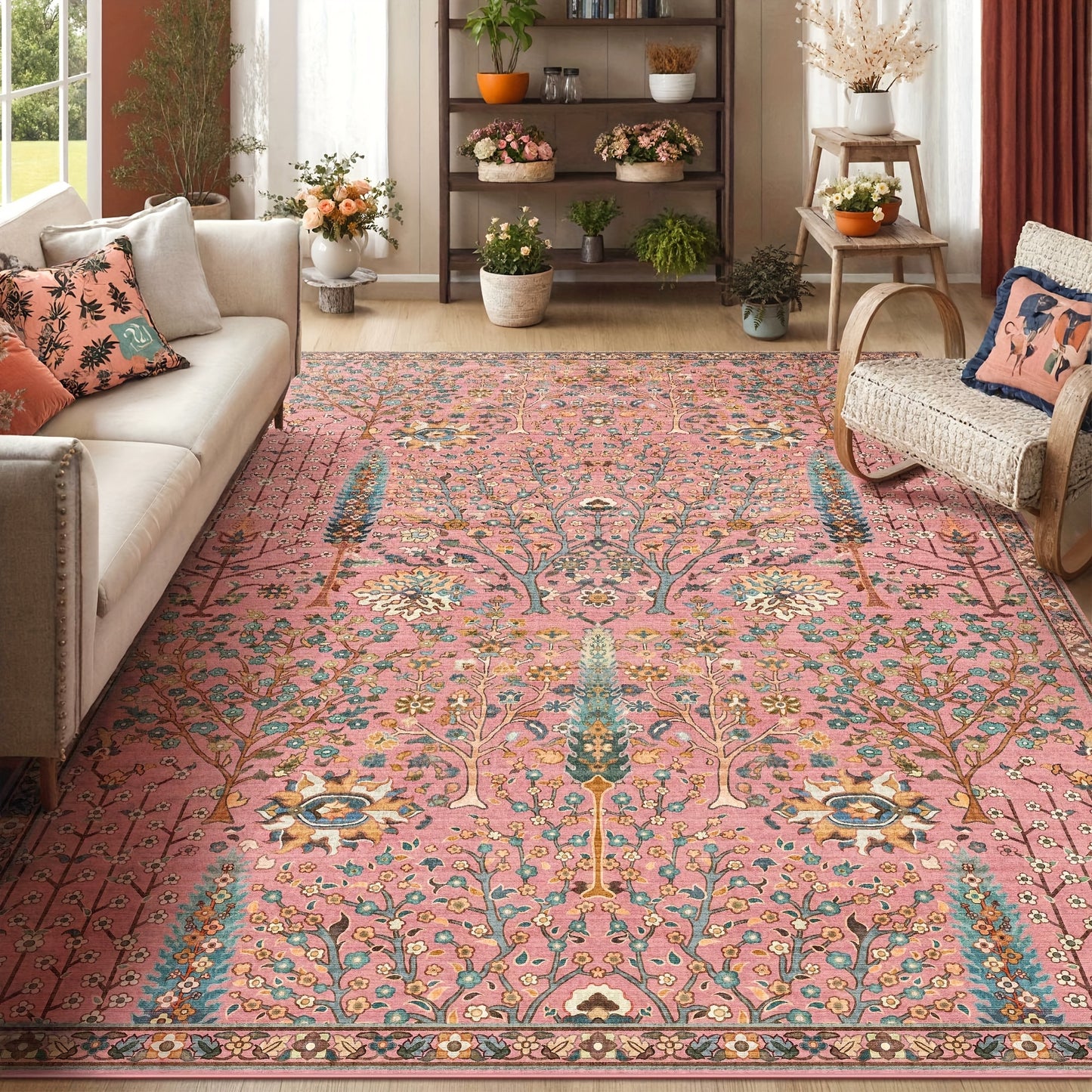 Floral Plant Living Room Rugs, Printed Mat, Valentine's Day Carpet, Modern Pink Non-Slip Soft Mat, Game Room, Dormitory, Bedroom, Living Room
