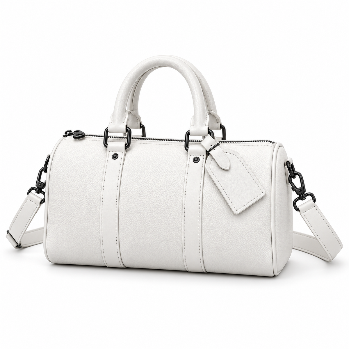 White Textured Barrel Handbag With Strap