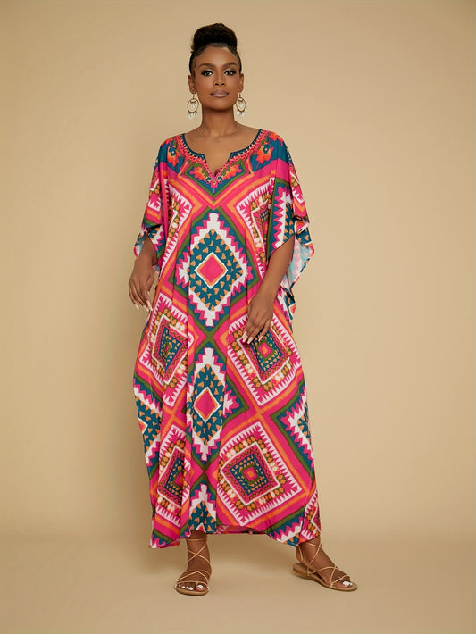 Women's Elegant V-neck Gown Skirt Square Geometric Pattern Resort Beach Caftan Cover-up Is Suitable For Spring, Summer and Autumn