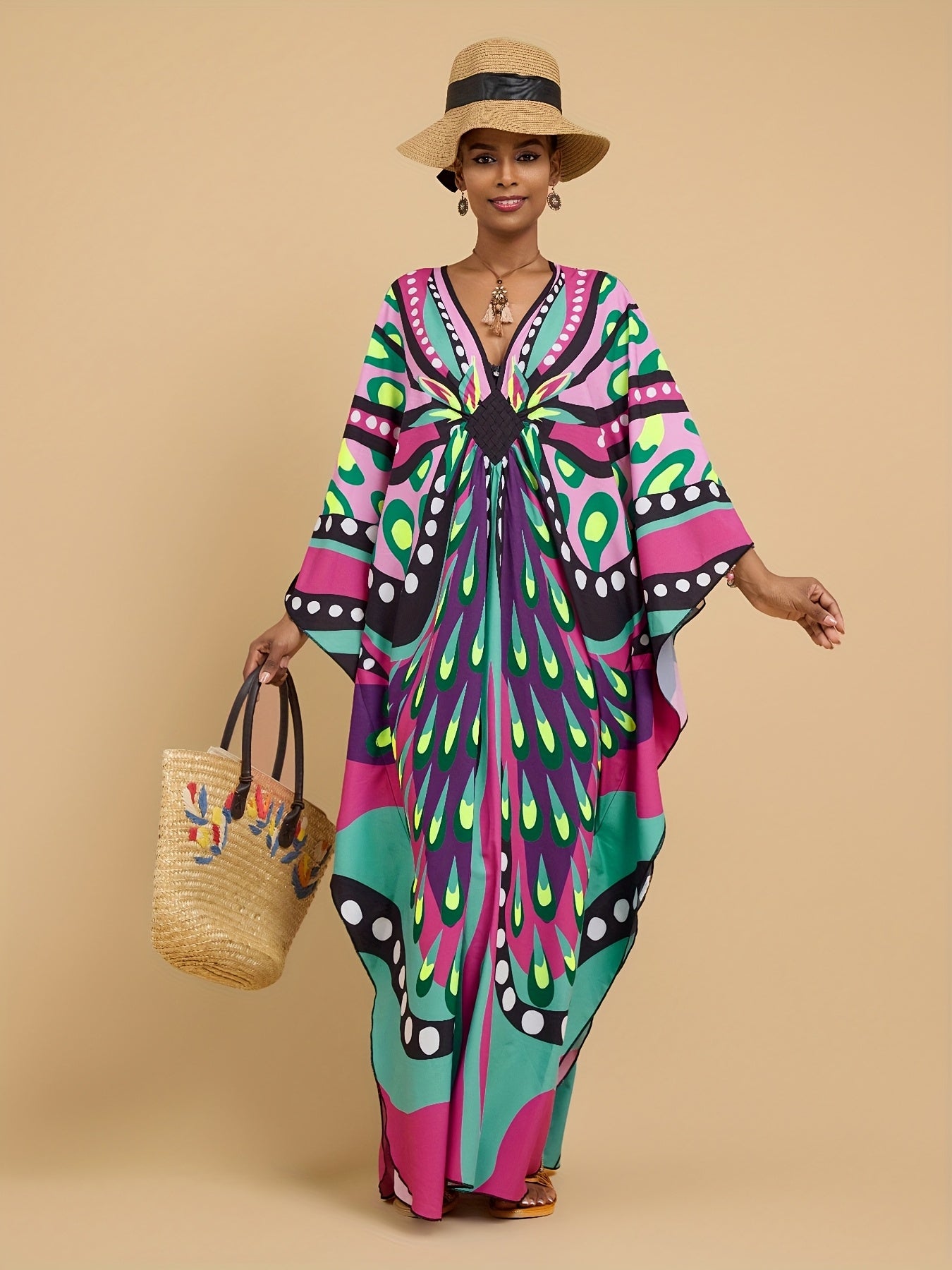 [Vibrant Kaftan Dress] Vibrant Colorful Kaftan Dress - All-Over Print V-Neck Loose Fit Maxi with Side Slit, Elegant Short Sleeve for Women, Perfect for Beach Vacations, Home Casual, and Middle Eastern Style, Beach Coverup Dress