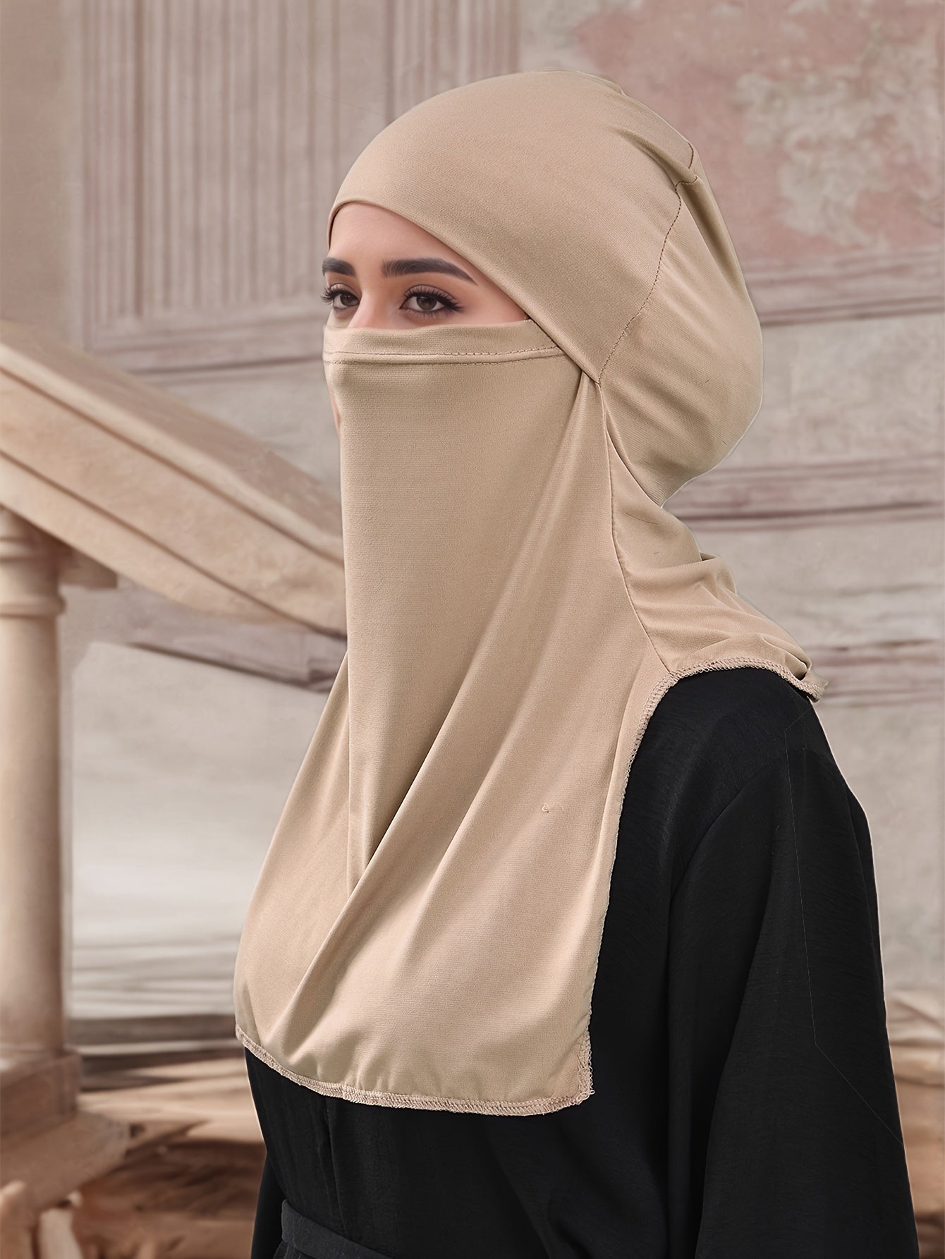 Elegant Muslim Women's Large Khimar Abaya - Asymmetrical Design, Solid Color, Versatile Base for Hats, Machine Washable All-Season Traditional Hijab, Hijab Scarf, Outdoor Light Beige Protection