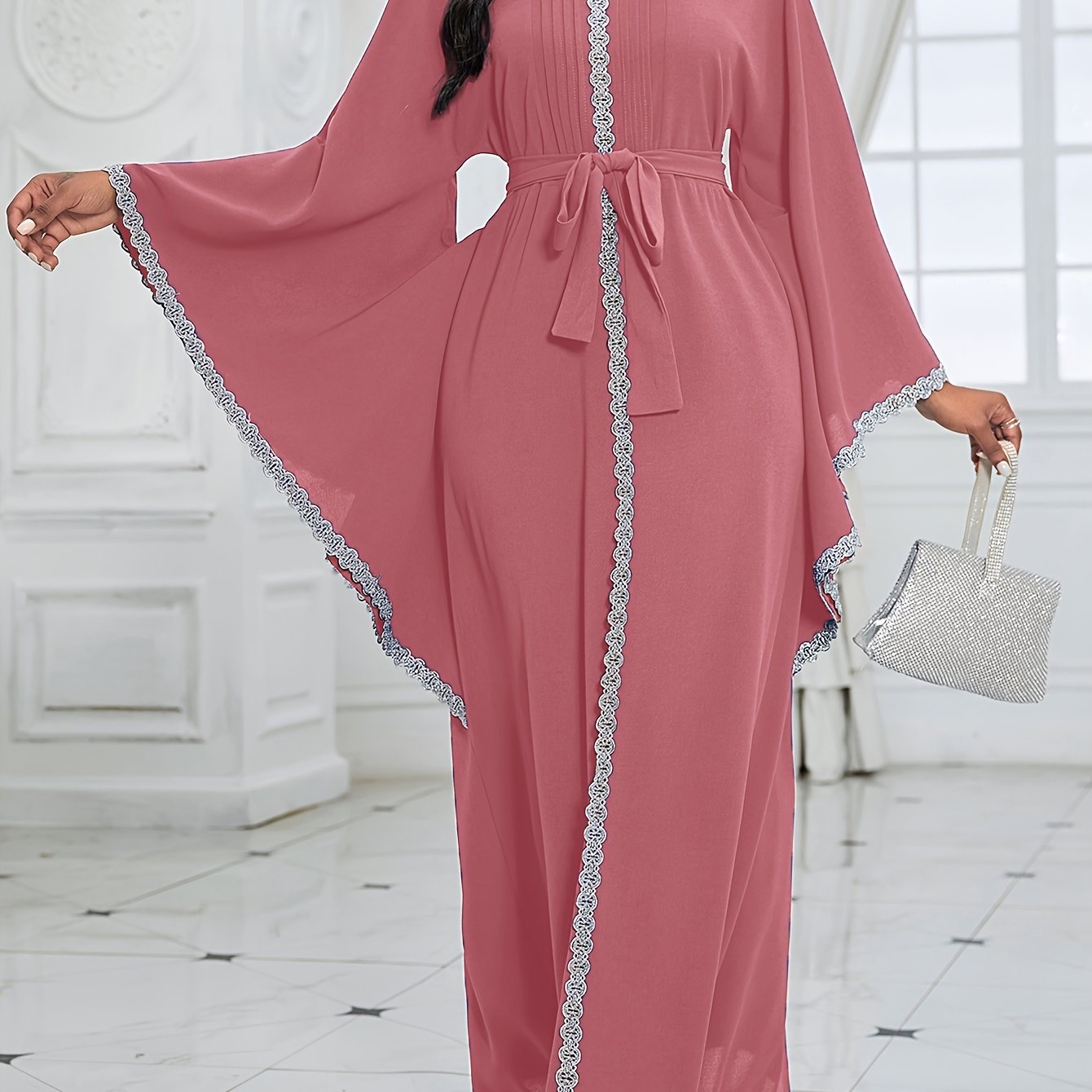 Women's Middle Eastern-Inspired Geometric Print Pakistani Abaya - Long Sleeve Belted Waist Floor-Length Dress with Pockets, Breathable Fabric for Spring/Summer