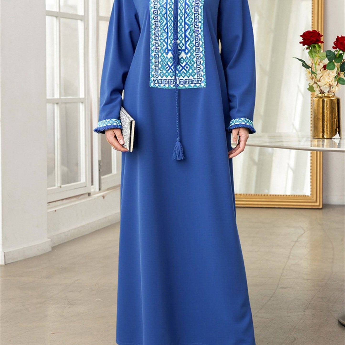 Women's Vintage Turkish Abaya Dress - Loose Fit Tie-Up Tassel Round Neck Long Sleeve Geometric Print 100% Polyester Machine Washable All-Season Casual Outdoor Wear