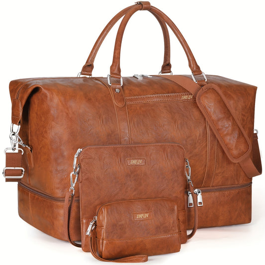 Overnight Leather Bags For Women, Large Travel Duffel Bag Carry On Bag For Airplanes Weekender Bag For Women With Shoes Compartment & Pockets