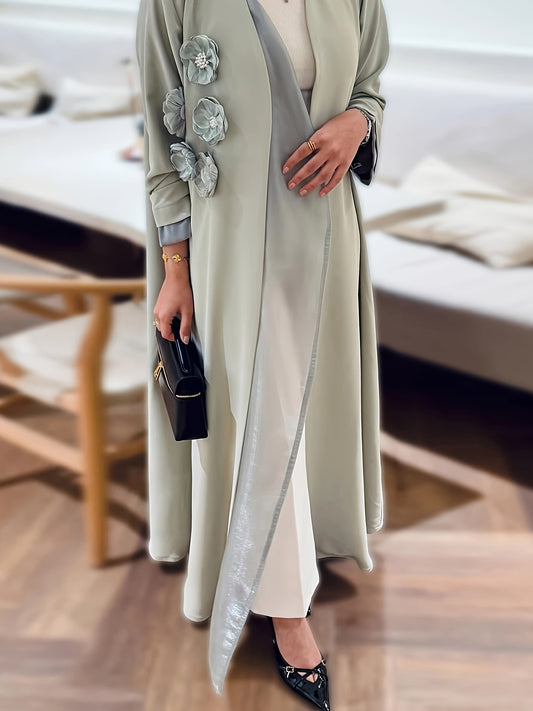 2025 New Arrival Elegant Floral Embroidered Abaya - Light Beige & White Two-Tone Long Dress with Black Pockets, Perfect for Spring/Summer/Fall, Muslim Modest Fashion, Floral Embroidery, No Belt, Casual Elegance, Summer Outfit